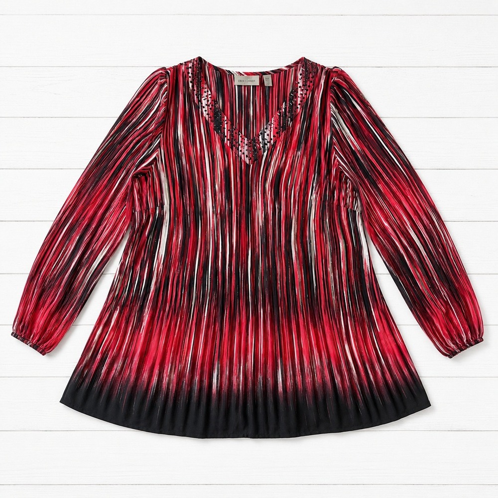 Avenue Red Black White Striped Plisse Beaded V-Neck Bell‎ Sleeve Tunic Top 18/20